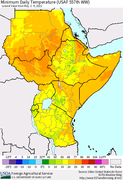 Eastern Africa Extreme Minimum Temperature (USAF 557th WW) Thematic Map For 5/2/2022 - 5/8/2022