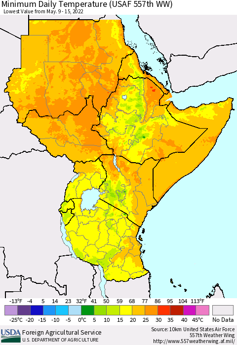 Eastern Africa Extreme Minimum Temperature (USAF 557th WW) Thematic Map For 5/9/2022 - 5/15/2022