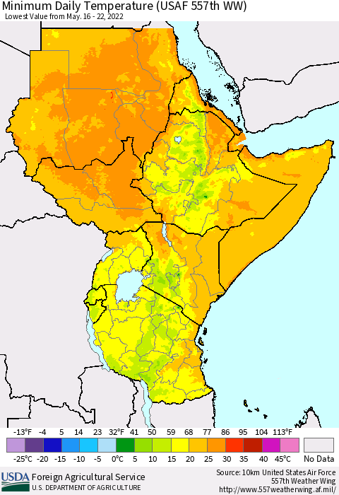 Eastern Africa Extreme Minimum Temperature (USAF 557th WW) Thematic Map For 5/16/2022 - 5/22/2022