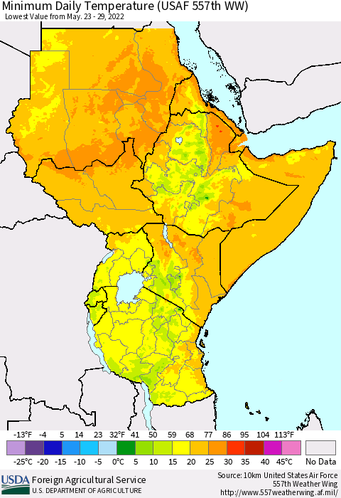 Eastern Africa Minimum Daily Temperature (USAF 557th WW) Thematic Map For 5/23/2022 - 5/29/2022