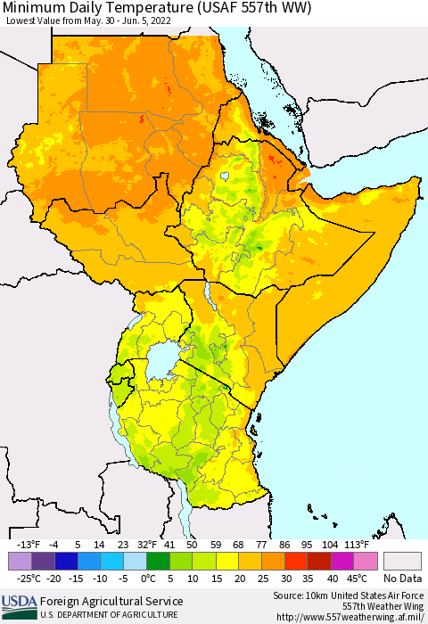 Eastern Africa Minimum Daily Temperature (USAF 557th WW) Thematic Map For 5/30/2022 - 6/5/2022