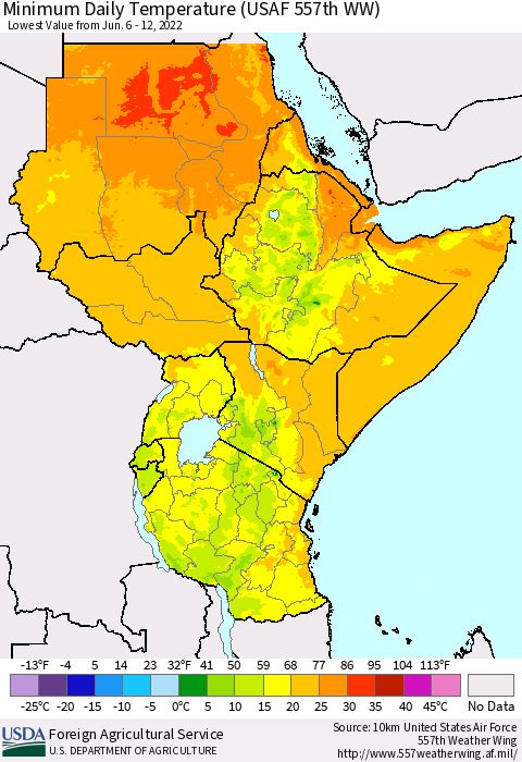 Eastern Africa Extreme Minimum Temperature (USAF 557th WW) Thematic Map For 6/6/2022 - 6/12/2022