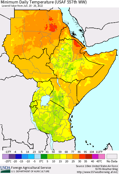 Eastern Africa Minimum Daily Temperature (USAF 557th WW) Thematic Map For 6/20/2022 - 6/26/2022