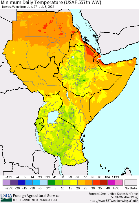 Eastern Africa Extreme Minimum Temperature (USAF 557th WW) Thematic Map For 6/27/2022 - 7/3/2022