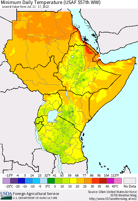 Eastern Africa Extreme Minimum Temperature (USAF 557th WW) Thematic Map For 7/11/2022 - 7/17/2022