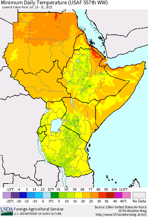 Eastern Africa Extreme Minimum Temperature (USAF 557th WW) Thematic Map For 7/25/2022 - 7/31/2022