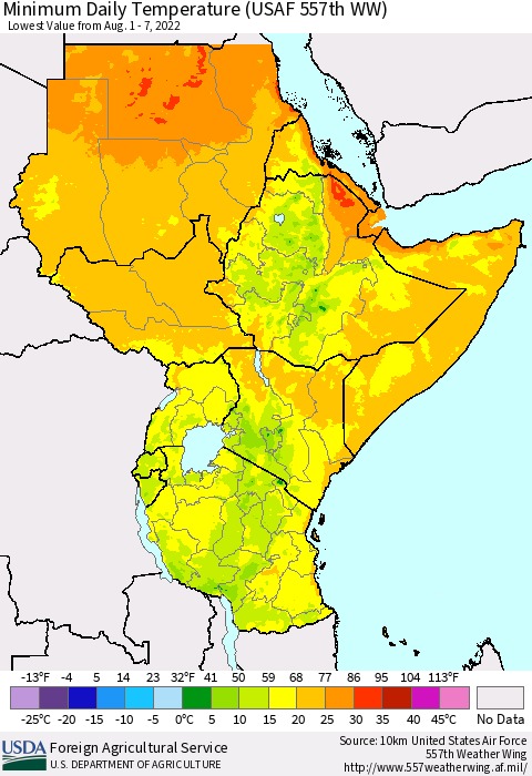 Eastern Africa Minimum Daily Temperature (USAF 557th WW) Thematic Map For 8/1/2022 - 8/7/2022