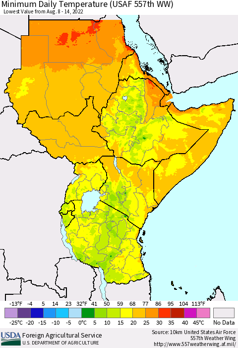 Eastern Africa Minimum Daily Temperature (USAF 557th WW) Thematic Map For 8/8/2022 - 8/14/2022