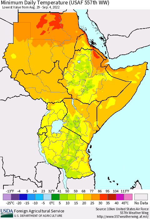 Eastern Africa Minimum Daily Temperature (USAF 557th WW) Thematic Map For 8/29/2022 - 9/4/2022