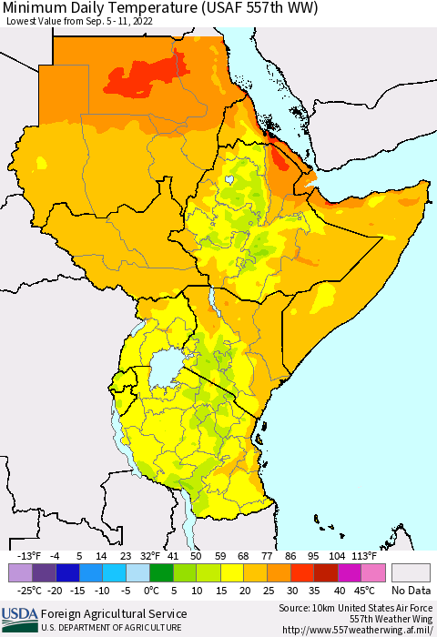 Eastern Africa Minimum Daily Temperature (USAF 557th WW) Thematic Map For 9/5/2022 - 9/11/2022