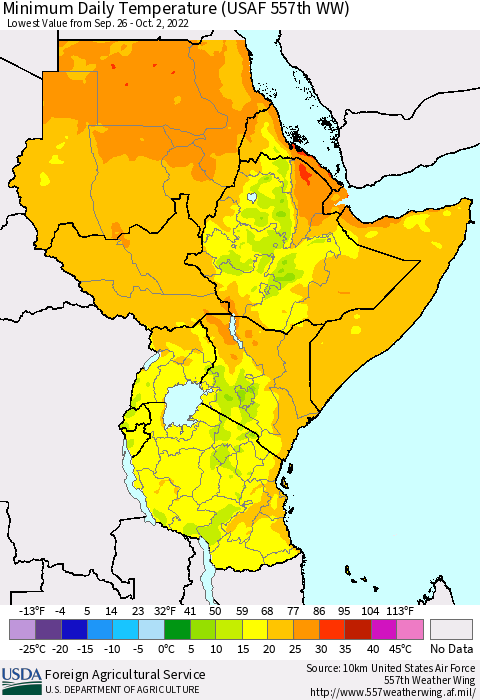 Eastern Africa Minimum Daily Temperature (USAF 557th WW) Thematic Map For 9/26/2022 - 10/2/2022
