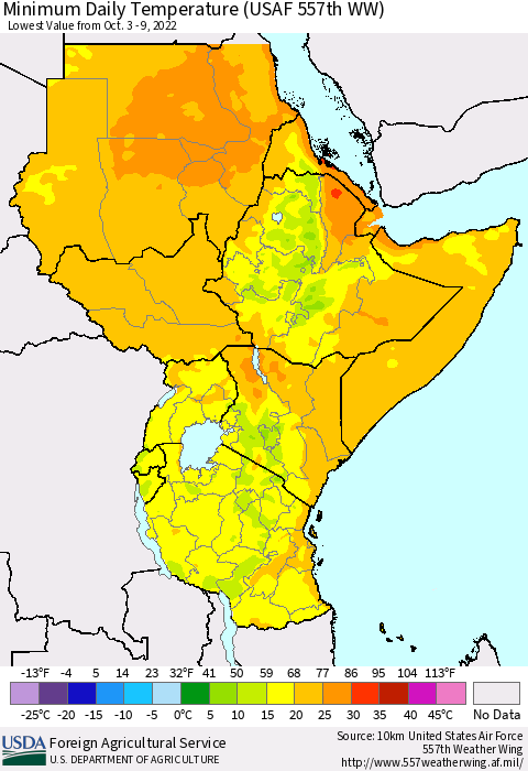 Eastern Africa Minimum Daily Temperature (USAF 557th WW) Thematic Map For 10/3/2022 - 10/9/2022