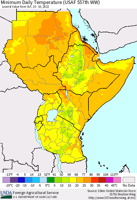 Eastern Africa Minimum Daily Temperature (USAF 557th WW) Thematic Map For 10/10/2022 - 10/16/2022