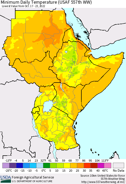 Eastern Africa Minimum Daily Temperature (USAF 557th WW) Thematic Map For 10/17/2022 - 10/23/2022