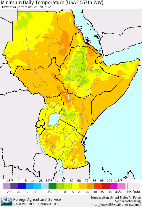 Eastern Africa Minimum Daily Temperature (USAF 557th WW) Thematic Map For 10/24/2022 - 10/30/2022