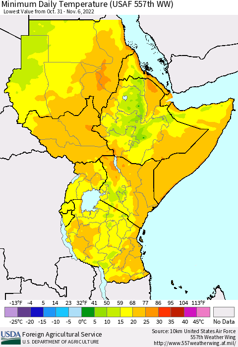Eastern Africa Minimum Daily Temperature (USAF 557th WW) Thematic Map For 10/31/2022 - 11/6/2022