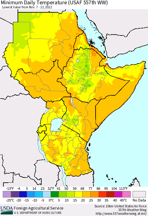 Eastern Africa Minimum Daily Temperature (USAF 557th WW) Thematic Map For 11/7/2022 - 11/13/2022