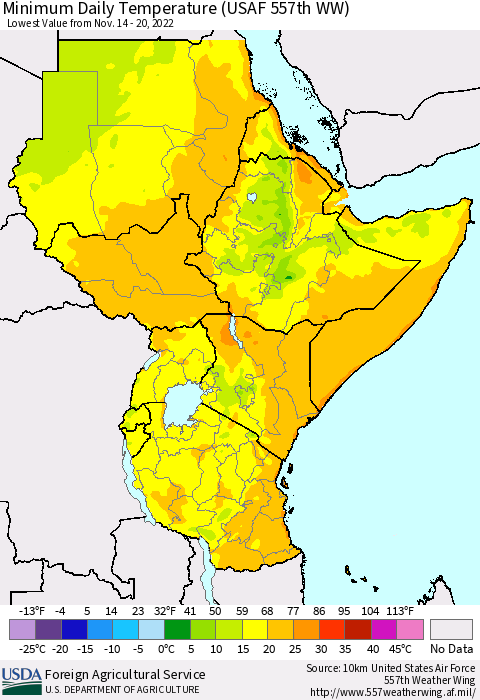Eastern Africa Minimum Daily Temperature (USAF 557th WW) Thematic Map For 11/14/2022 - 11/20/2022