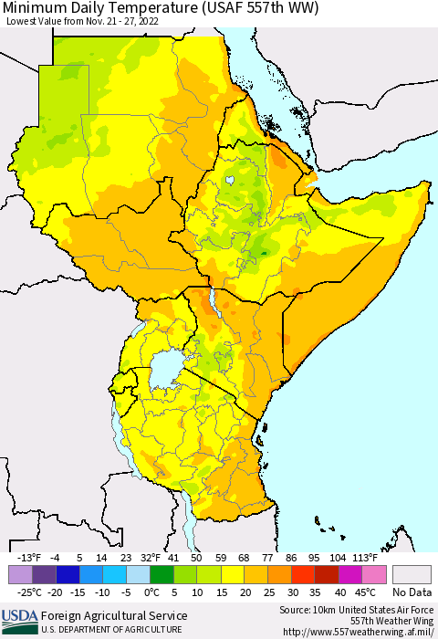 Eastern Africa Minimum Daily Temperature (USAF 557th WW) Thematic Map For 11/21/2022 - 11/27/2022