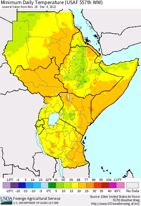Eastern Africa Minimum Daily Temperature (USAF 557th WW) Thematic Map For 11/28/2022 - 12/4/2022