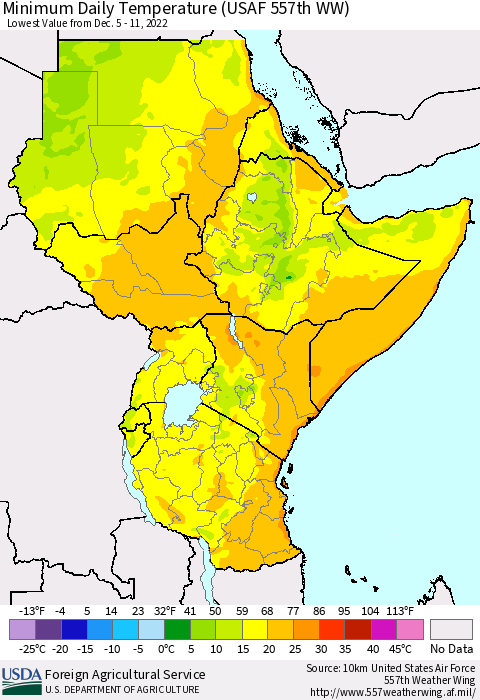 Eastern Africa Minimum Daily Temperature (USAF 557th WW) Thematic Map For 12/5/2022 - 12/11/2022