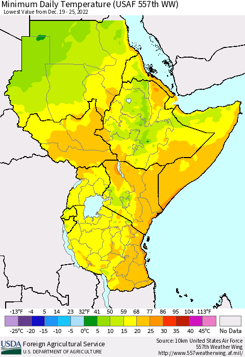 Eastern Africa Minimum Daily Temperature (USAF 557th WW) Thematic Map For 12/19/2022 - 12/25/2022