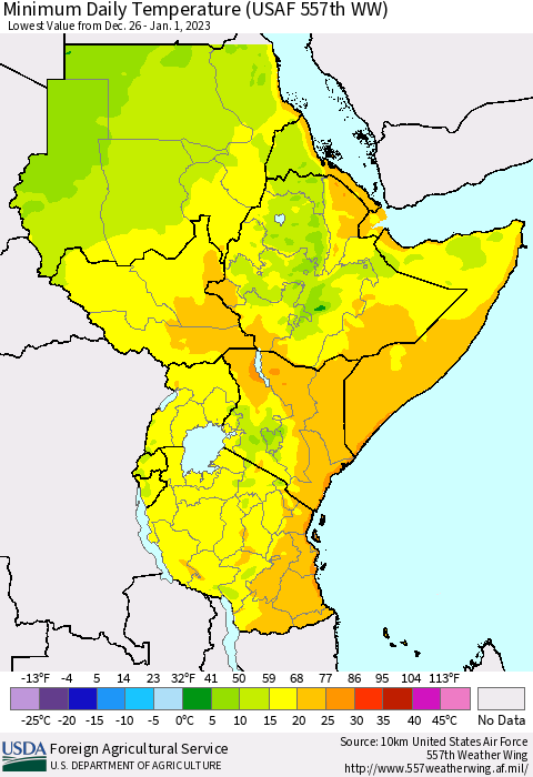 Eastern Africa Minimum Daily Temperature (USAF 557th WW) Thematic Map For 12/26/2022 - 1/1/2023