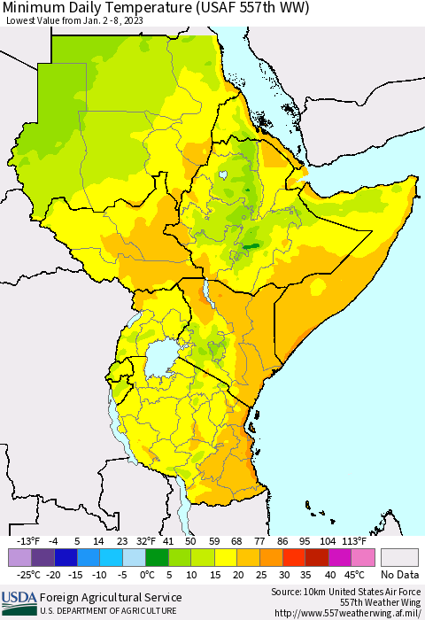 Eastern Africa Minimum Daily Temperature (USAF 557th WW) Thematic Map For 1/2/2023 - 1/8/2023
