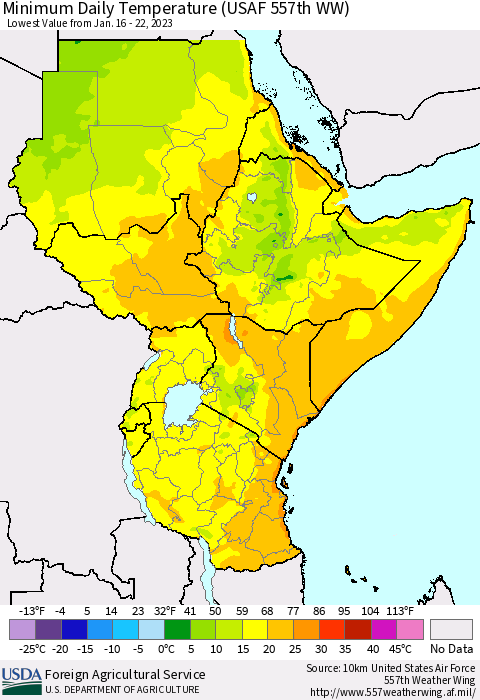 Eastern Africa Minimum Daily Temperature (USAF 557th WW) Thematic Map For 1/16/2023 - 1/22/2023