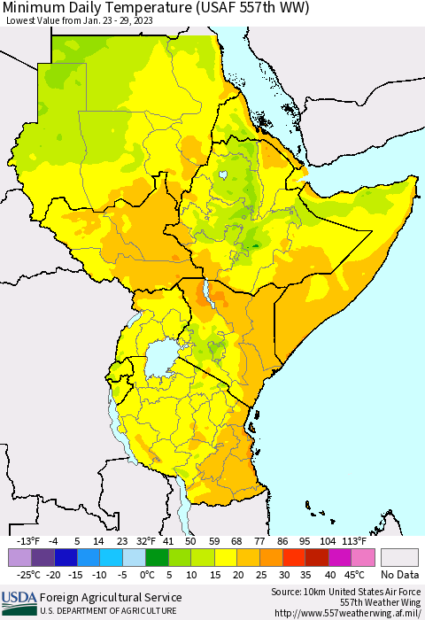 Eastern Africa Minimum Daily Temperature (USAF 557th WW) Thematic Map For 1/23/2023 - 1/29/2023