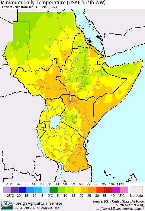Eastern Africa Minimum Daily Temperature (USAF 557th WW) Thematic Map For 1/30/2023 - 2/5/2023