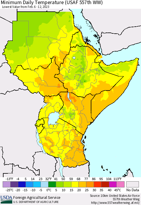 Eastern Africa Minimum Daily Temperature (USAF 557th WW) Thematic Map For 2/6/2023 - 2/12/2023
