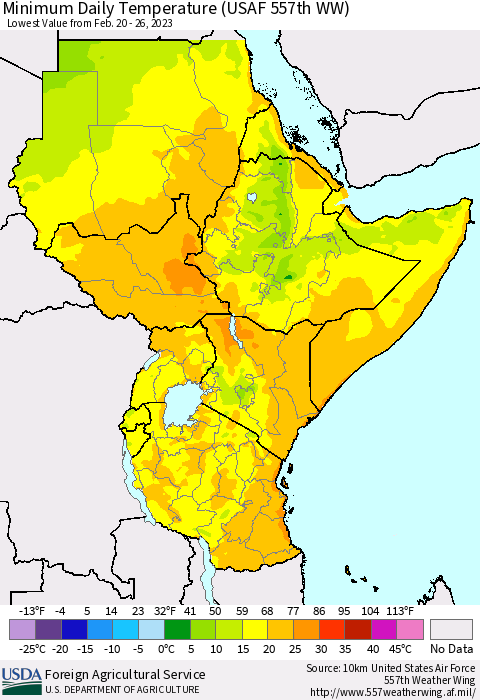 Eastern Africa Minimum Daily Temperature (USAF 557th WW) Thematic Map For 2/20/2023 - 2/26/2023