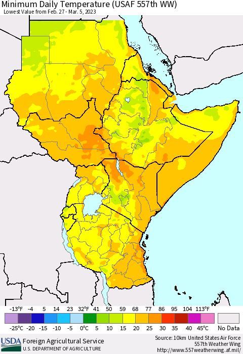 Eastern Africa Minimum Daily Temperature (USAF 557th WW) Thematic Map For 2/27/2023 - 3/5/2023