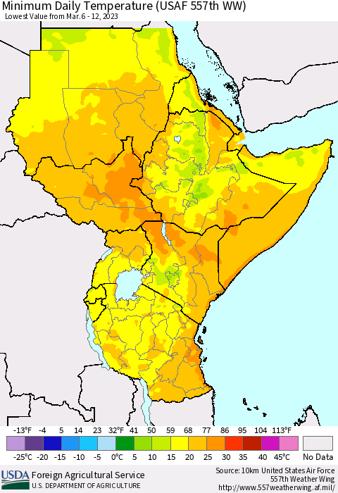 Eastern Africa Minimum Daily Temperature (USAF 557th WW) Thematic Map For 3/6/2023 - 3/12/2023