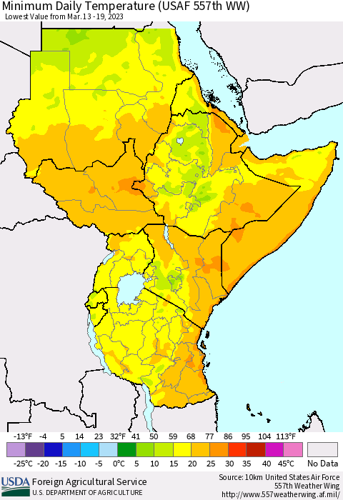 Eastern Africa Minimum Daily Temperature (USAF 557th WW) Thematic Map For 3/13/2023 - 3/19/2023