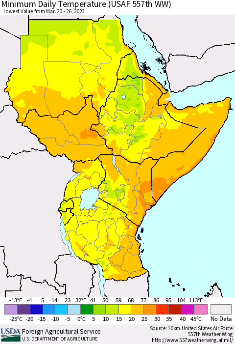 Eastern Africa Minimum Daily Temperature (USAF 557th WW) Thematic Map For 3/20/2023 - 3/26/2023