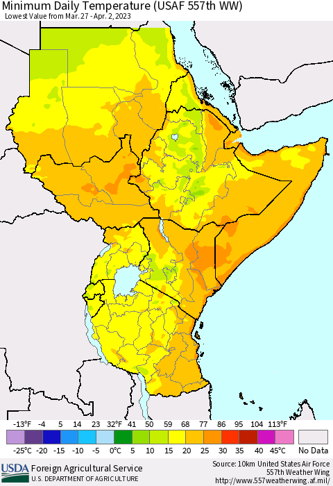 Eastern Africa Minimum Daily Temperature (USAF 557th WW) Thematic Map For 3/27/2023 - 4/2/2023