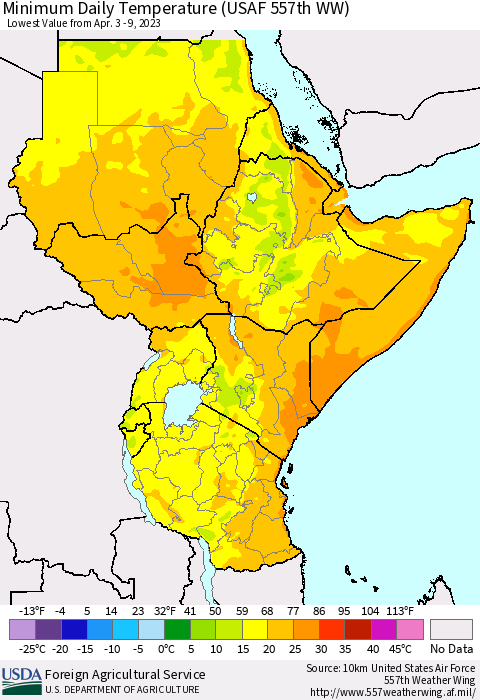 Eastern Africa Minimum Daily Temperature (USAF 557th WW) Thematic Map For 4/3/2023 - 4/9/2023