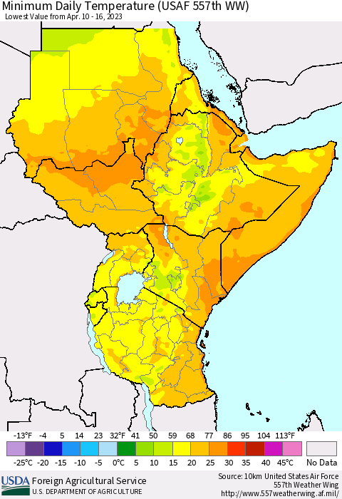 Eastern Africa Minimum Daily Temperature (USAF 557th WW) Thematic Map For 4/10/2023 - 4/16/2023
