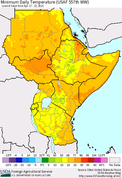 Eastern Africa Minimum Daily Temperature (USAF 557th WW) Thematic Map For 4/17/2023 - 4/23/2023