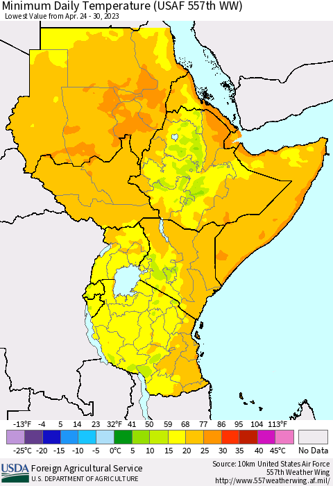 Eastern Africa Minimum Daily Temperature (USAF 557th WW) Thematic Map For 4/24/2023 - 4/30/2023