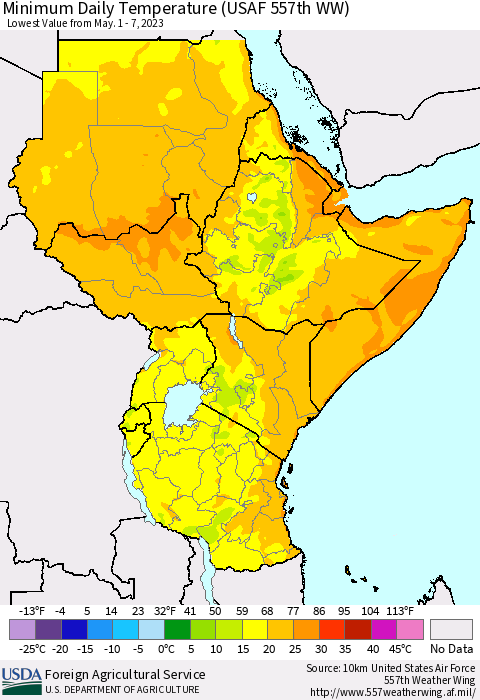 Eastern Africa Minimum Daily Temperature (USAF 557th WW) Thematic Map For 5/1/2023 - 5/7/2023