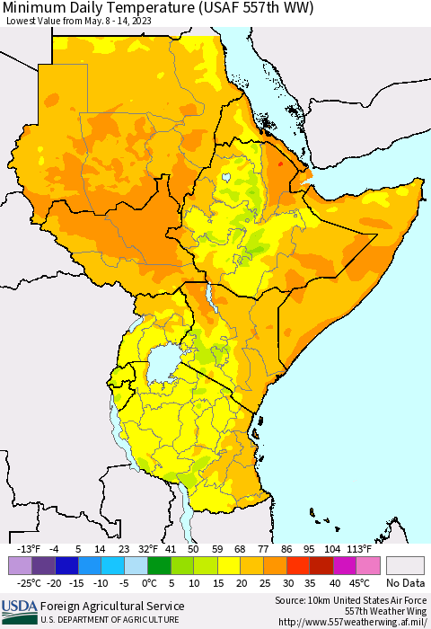 Eastern Africa Minimum Daily Temperature (USAF 557th WW) Thematic Map For 5/8/2023 - 5/14/2023