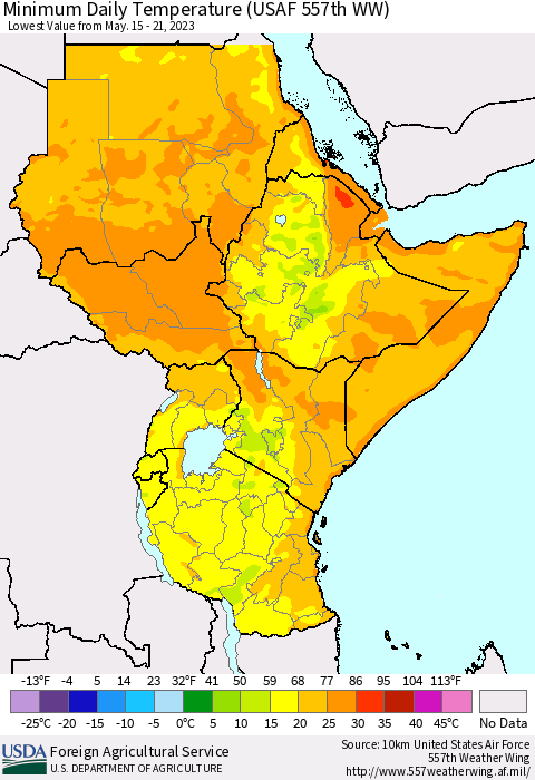 Eastern Africa Minimum Daily Temperature (USAF 557th WW) Thematic Map For 5/15/2023 - 5/21/2023