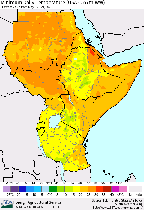 Eastern Africa Minimum Daily Temperature (USAF 557th WW) Thematic Map For 5/22/2023 - 5/28/2023