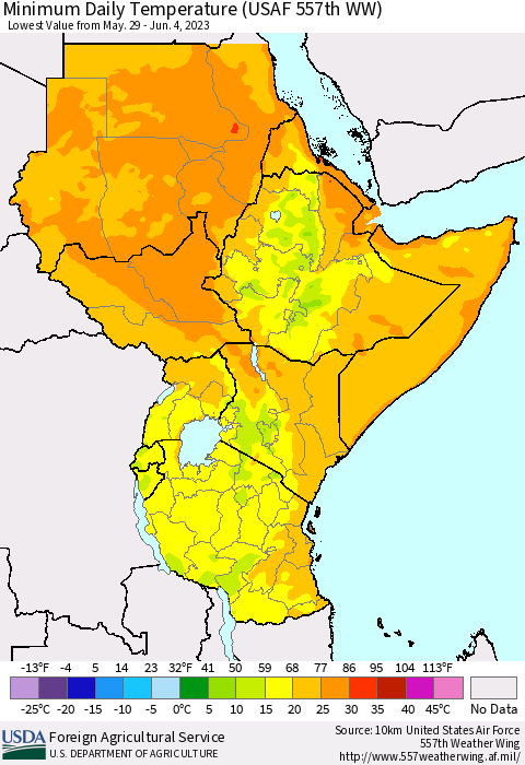 Eastern Africa Minimum Daily Temperature (USAF 557th WW) Thematic Map For 5/29/2023 - 6/4/2023