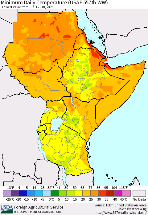 Eastern Africa Minimum Daily Temperature (USAF 557th WW) Thematic Map For 6/12/2023 - 6/18/2023