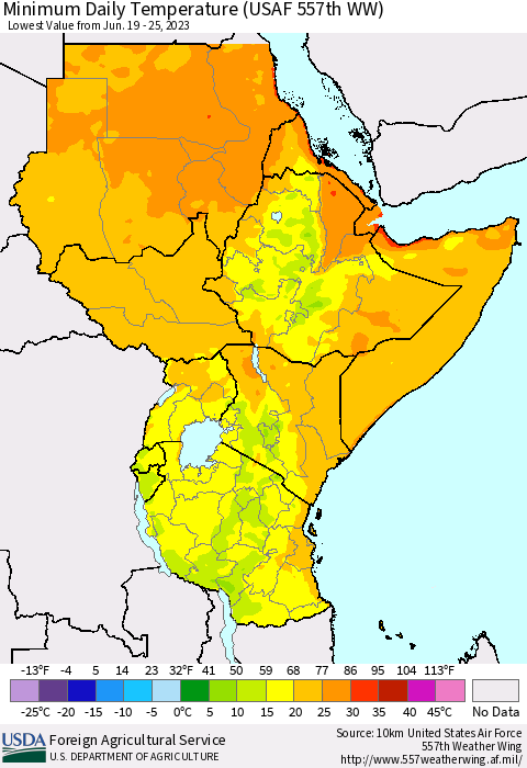 Eastern Africa Minimum Daily Temperature (USAF 557th WW) Thematic Map For 6/19/2023 - 6/25/2023