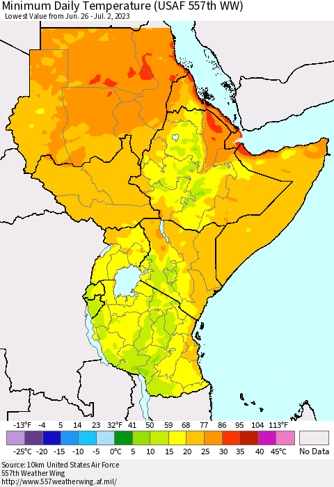 Eastern Africa Minimum Daily Temperature (USAF 557th WW) Thematic Map For 6/26/2023 - 7/2/2023